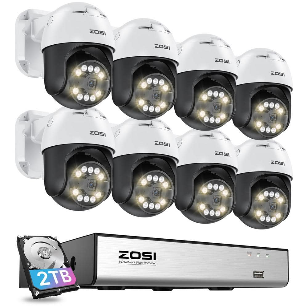 ZOSI 4K 8-Channel 2TB POE NVR Security Camera System with 8-Wired 5MP 360 Pan Tilt Outdoor Audio Cameras, 24/7 Surveillance