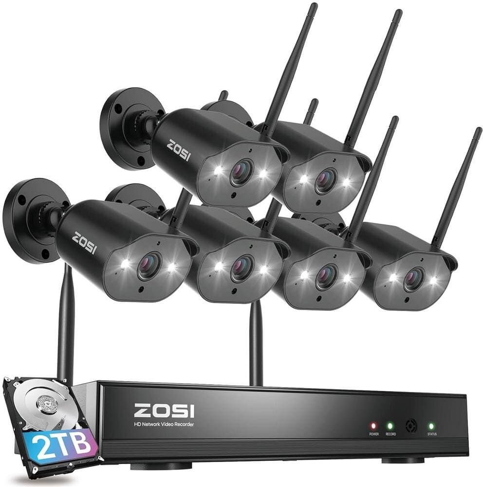 ZOSI 8-Channel H.265+ 3MP 2K 2TB Hard Drive NVR Wireless Security Camera System with 6 Outdoor Wi-Fi IP Cameras-Black