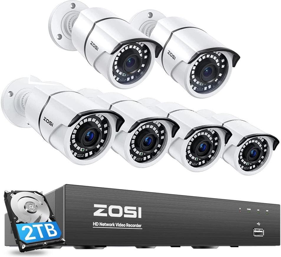 ZOSI 4K 8-Channel POE 2TB NVR Security System with 6-Wired 5MP Outdoor Bullet Cameras, 120 ft. Night Vision