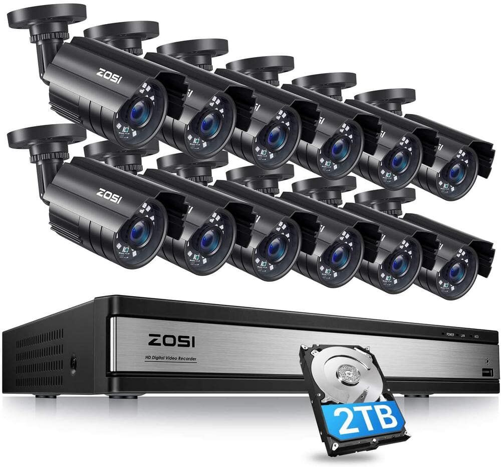 ZOSI 16-Channel 5MP-Lite 2TB DVR Security Camera System with 12 1080P Outdoor Wired Bullet Cameras