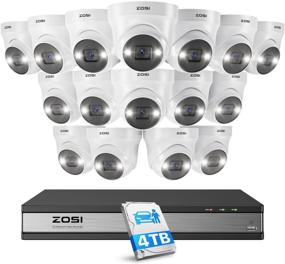 ZOSI 4K 16-Channel 4TB PoE NVR Security Camera System with 16 5MP Wired Spotlight Cameras, Color Night Vision, 2-Way Audio