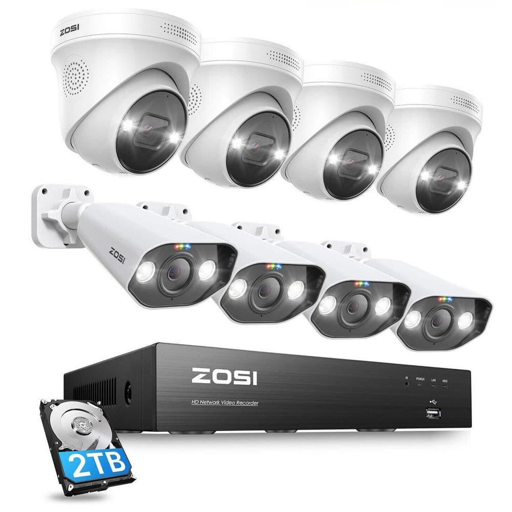 ZOSI 4K 8-Channel 5MP POE 2TB NVR Security Camera System with 8 Wired Outdoor Cameras, Smart Human and Car Detection