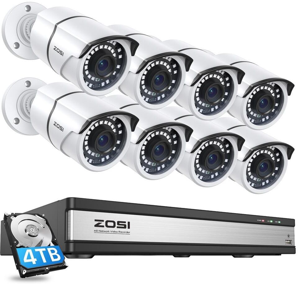 ZOSI 16-Channel 4K POE Security Cameras System with 4TB Hard Drive and 8 Wired 5MP Outdoor IP Cameras, 120 ft. Night Vision