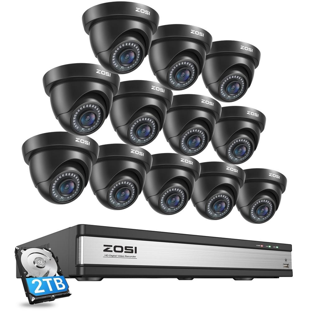 ZOSI 16-Channel 5MP-Lite 2TB DVR Outdoor Security Camera System with 12-Wired 1080p Bullet Cameras, Human Detection