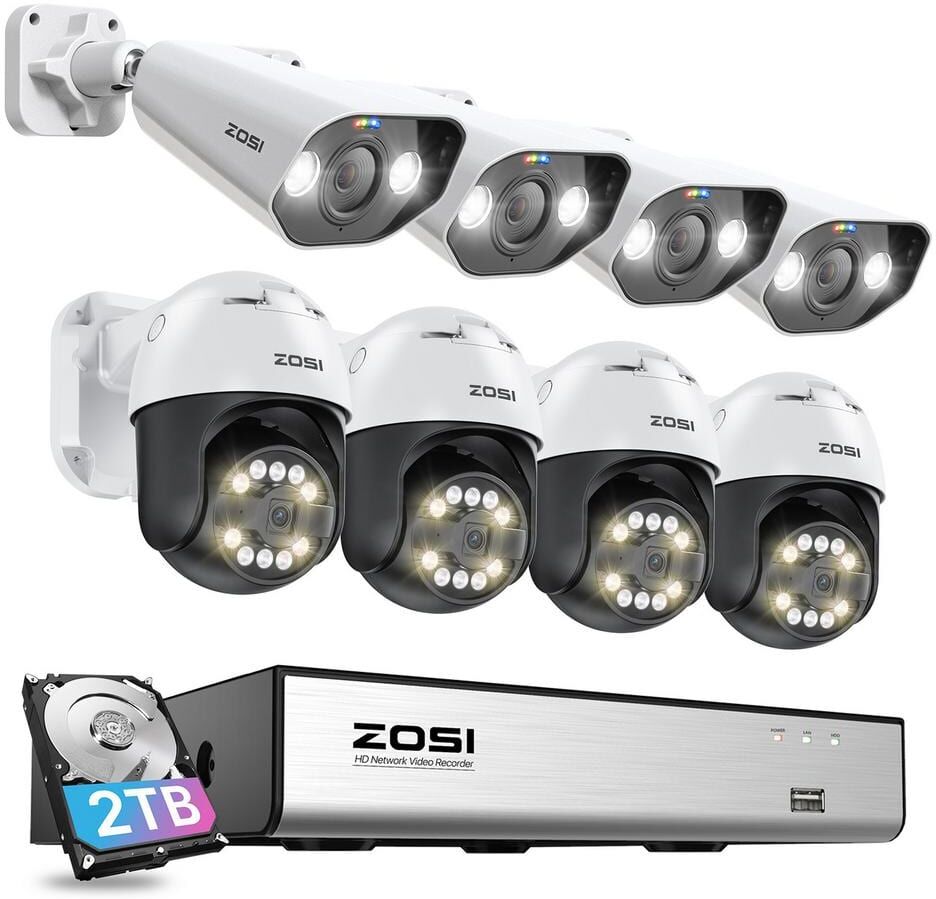 ZOSI 4K 8-Channel 2TB POE NVR Security Camera System with 8-Wired 5MP 360 PTZ Outdoor Audio Cameras, 24/7 Surveillance