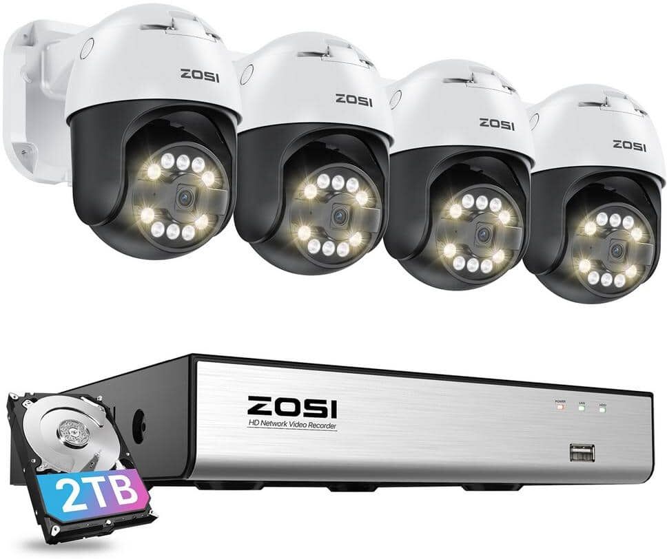 ZOSI 4K 8-Channel 2TB POE NVR Security Camera System with 4-Wired 5MP Pan Tilt Outdoor Cameras, Smart Person Vehicle Detect