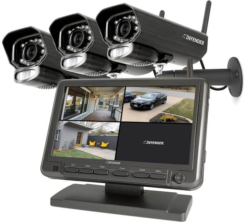 Defender PHOENIXM2 Non-Wi-Fi Plug-In Power Security Camera System with 7 in. Monitor SD Card Recording and 3 Night Vision Cameras