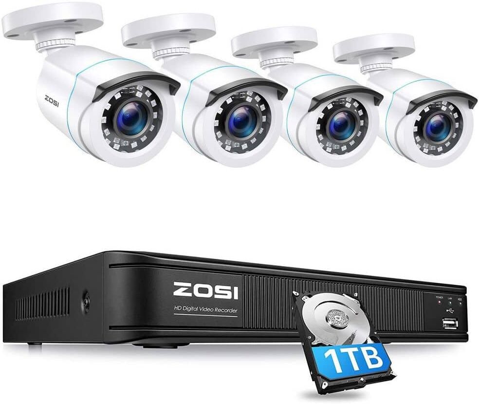 ZOSI H.265+ 8-Channel 5MP-LITE DVR 1TB Hard Drive Security Camera System with 4X 1080P Wired Bullet Cameras, Remote Access