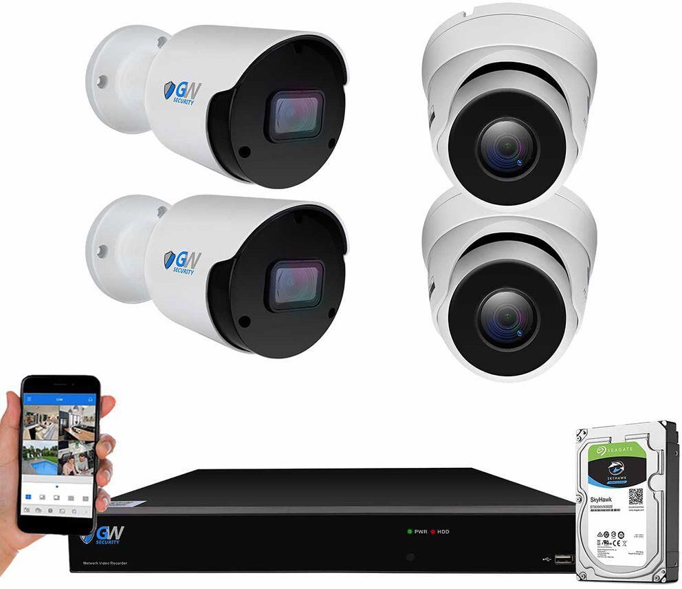 GW Security 8-Channel 8MP 1TB NVR Smart Security Camera System with 2 Wired Turret and 2 Bullet Cameras 3.6 mm Fixed Lens AI, Mic