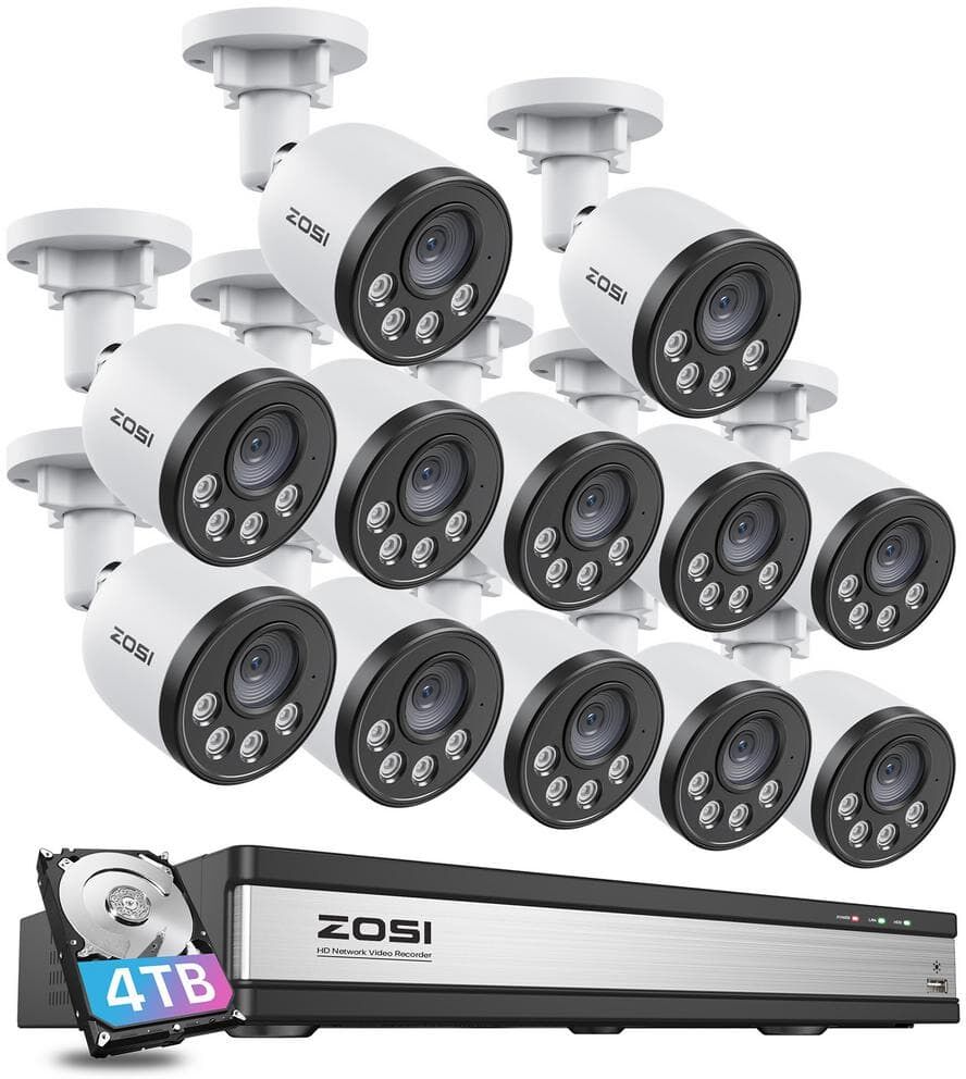 ZOSI 16-Channel POE 4TB NVR Security Camera System with 12 4MP Wired Bullet Cameras, 100 ft. Night Vision