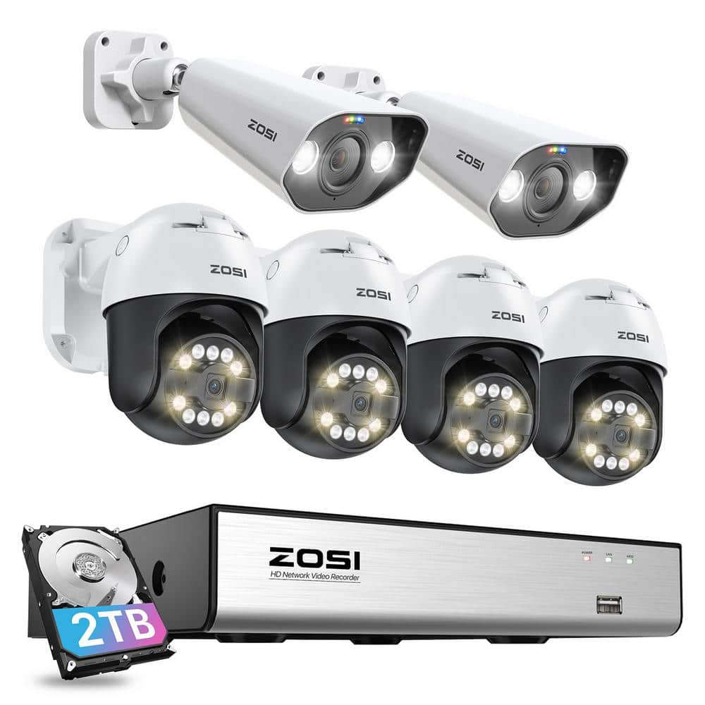 ZOSI 4K 8-Channel POE 2TB NVR Outdoor Security Camera System with 4-Wired 5MP PTZ Cameras and 2 Spotlight Cameras