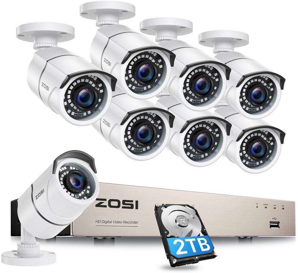 ZOSI H.265+ 8-Channel 5MP-Lite 2TB Hard Drive DVR Security Camera System with 8X 1080p Wired Bullet Cameras