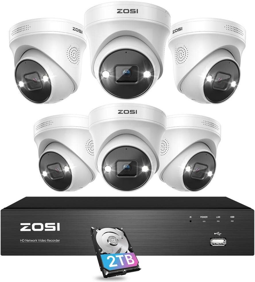 ZOSI 4K UHD 8-Channel 2TB PoE NVR Security Camera System with 6 8MP Wired Spotlight Cameras, Color Night Vision, 2-Way Audio