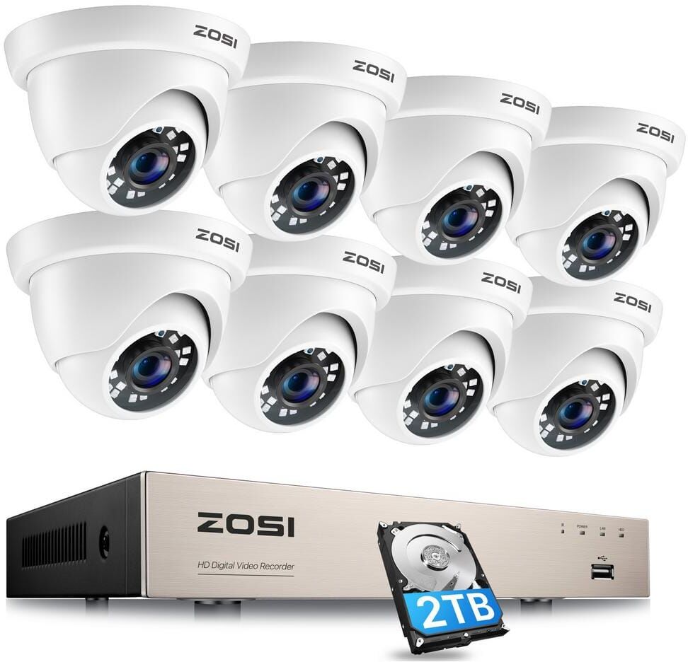 ZOSI 8-Channel 1080p 2TB Hard Drive DVR Security Camera System with 8 Wired Dome Cameras