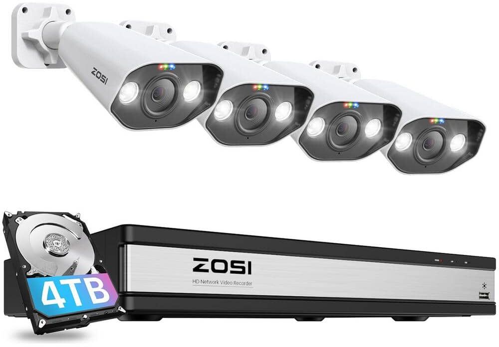 ZOSI 4K UHD 16-Channel POE 4TB Hard Drive NVR Security System with 4-Wired 8MP Spotlight Cameras, Color Night Vision