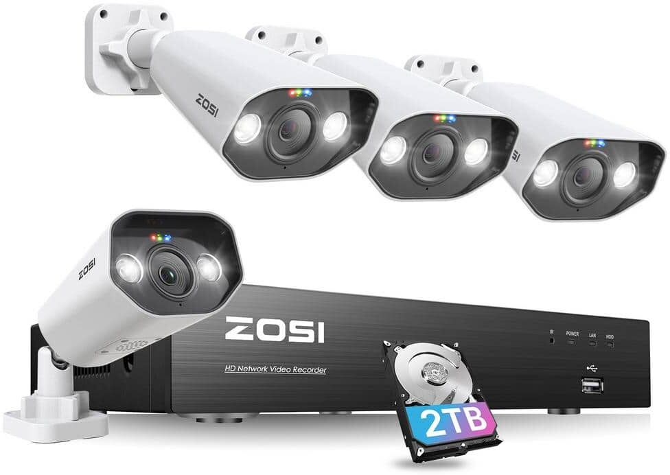 ZOSI 4K 8-Channel 5MP POE 2TB NVR Security Camera System with 4 Wired Outdoor Cameras, Smart Human and Car Detection