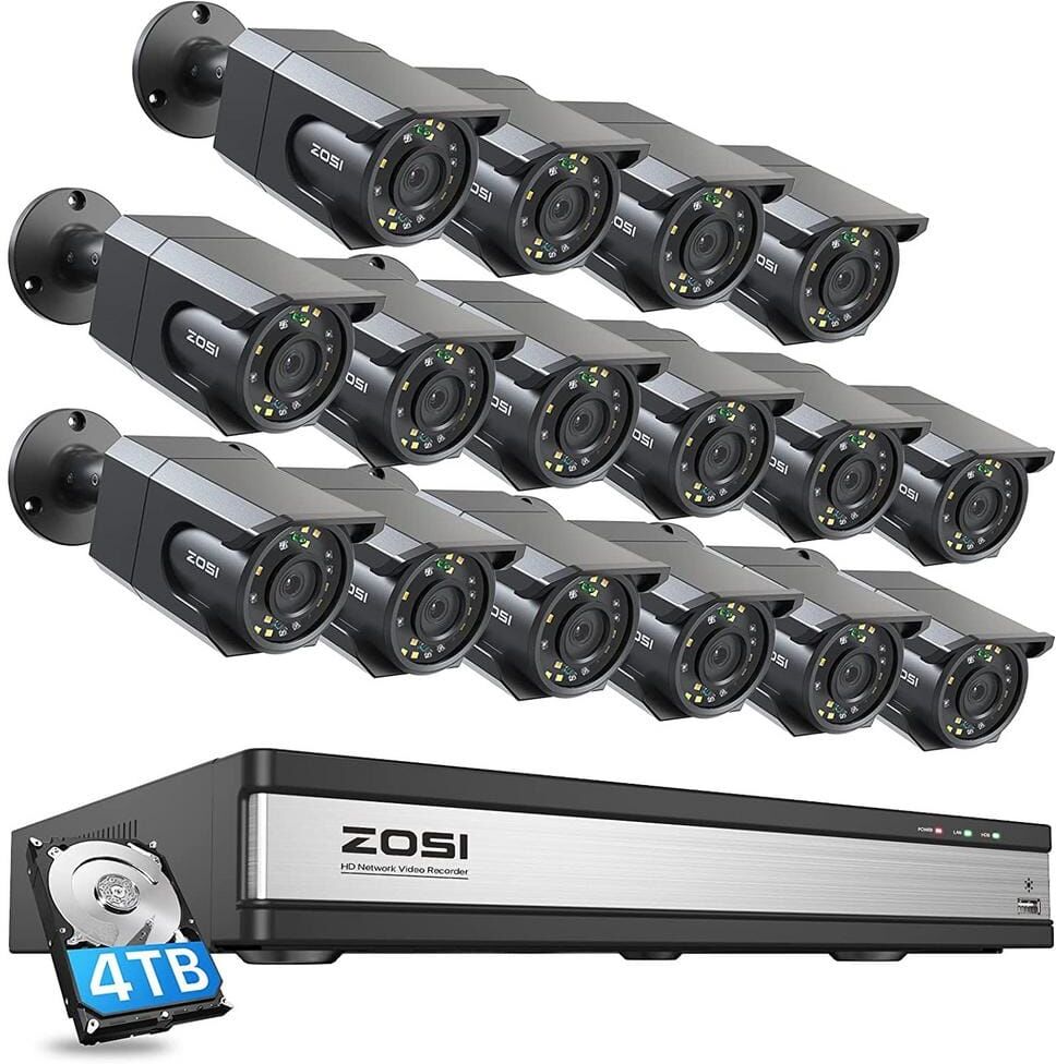 ZOSI 16-Channel 8 MP 4K PoE 4TB NVR Security Camera System with 16 Wired Spotlight Cameras, 100ft Color Night Vision