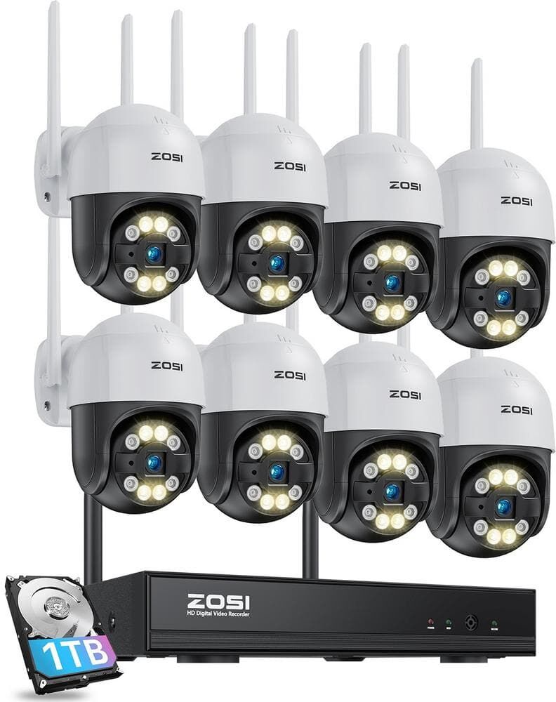 ZOSI Wireless 8-Channel 3MP 1TB NVR Security Camera System with 8 355°Pan&Tilt Outdoor Camera, Color Night Vision,2-Way Audio