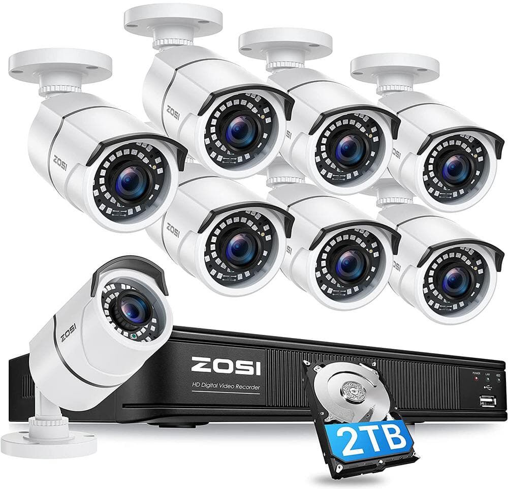 ZOSI 8 Channel 5MP-Lite 2TB DVR Outdoor/Indoor Security Camera System with 8 1080p Wired Bullet Cameras