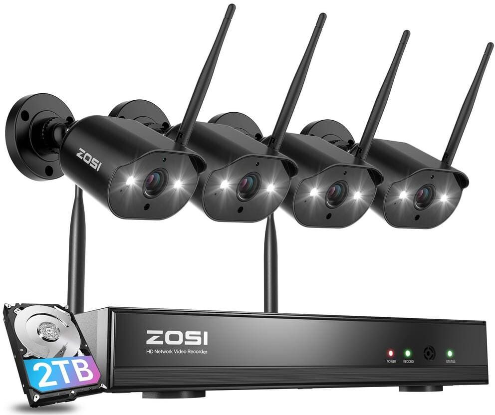 ZOSI H.265+ 8-Channel 3MP 2K 2TB NVR Security Camera System with 4-Piece Outdoor WiFi IP Cameras, Color Night Vision