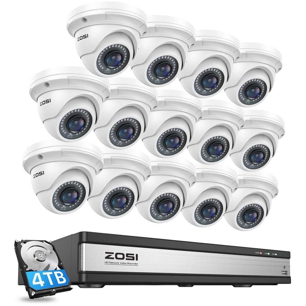 ZOSI 4K UHD 16-Channel POE NVR Security Camera System with 4TB HDD and 14 Wired 5MP Outdoor IP Dome Cameras