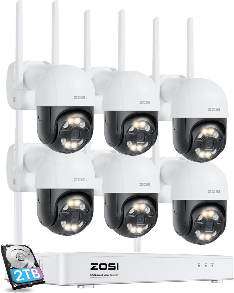 ZOSI Wireless 8-Channel 4MP 2TB NVR Security Camera System with 6 355° PTZ Outdoor Cameras, Color Night Vision Auto Tracking