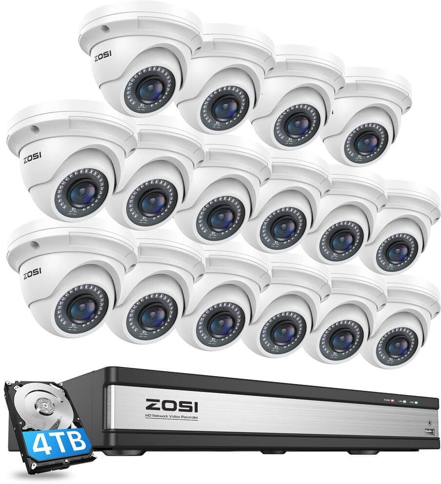 ZOSI 4K UHD 16-Channel POE NVR Security Camera System with 4TB HDD and 16 Wired 5MP Outdoor IP Dome Cameras