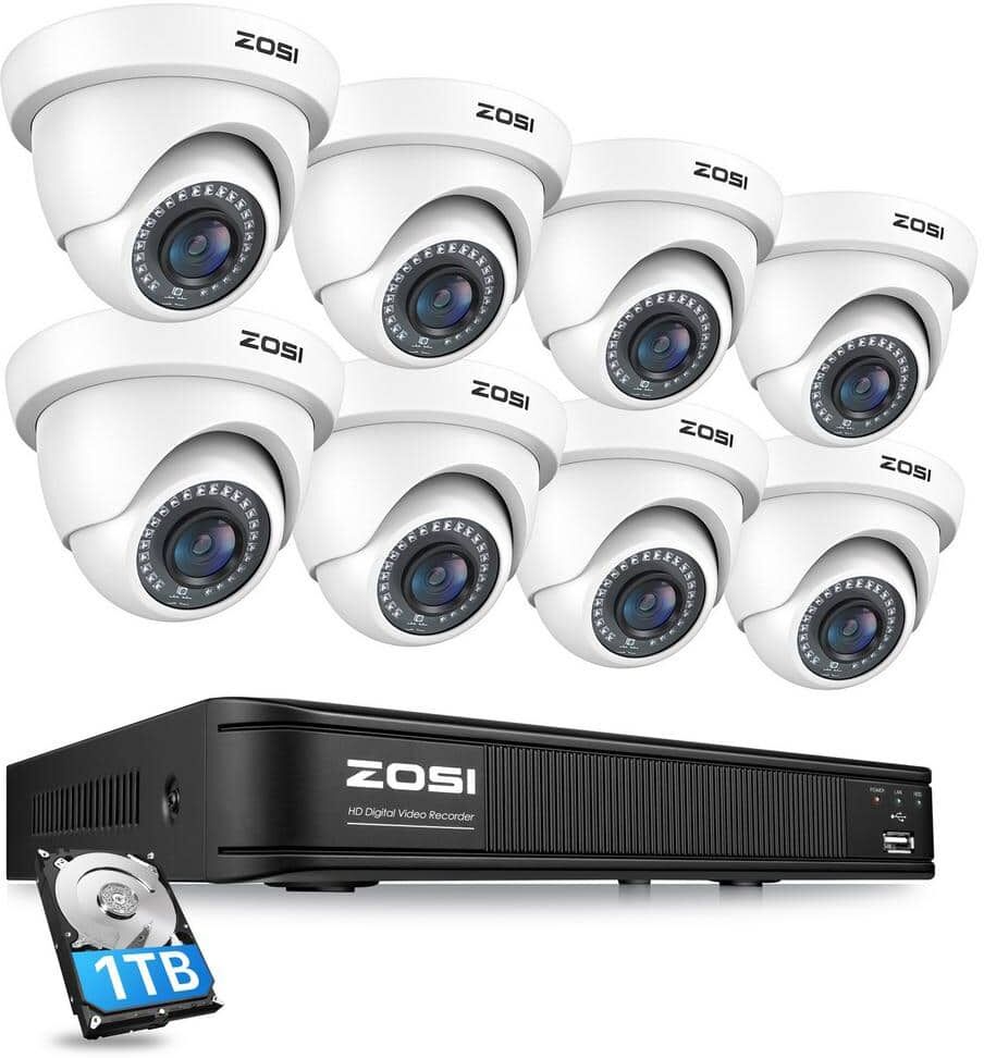 ZOSI 8-Channel 1080p 1TB DVR Security Camera System with 8 Wired Dome Cameras