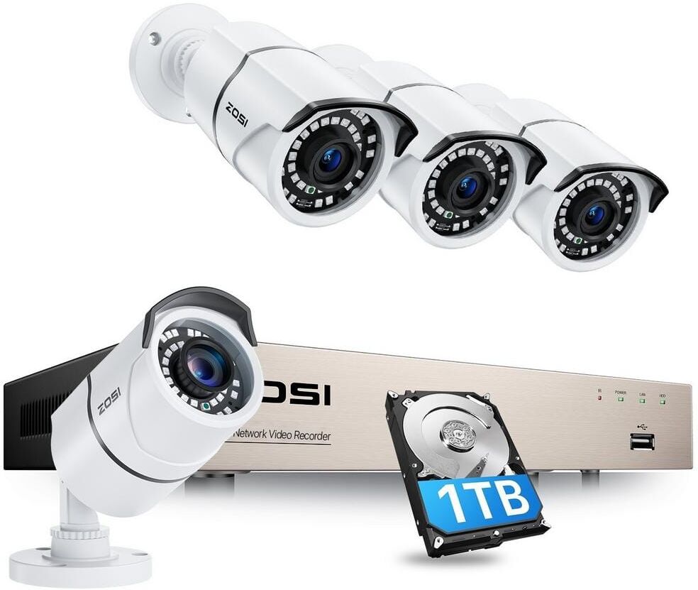 ZOSI 8-Channel 5MP POE 1TB NVR Security Camera System with 4 Wired Bullet Cameras