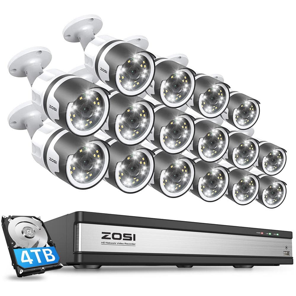ZOSI 4K 16-Channel POE 4TB NVR Security Camera System with 16-Wired 5MP Outdoor Spotlight Cameras, 2-Way Audio