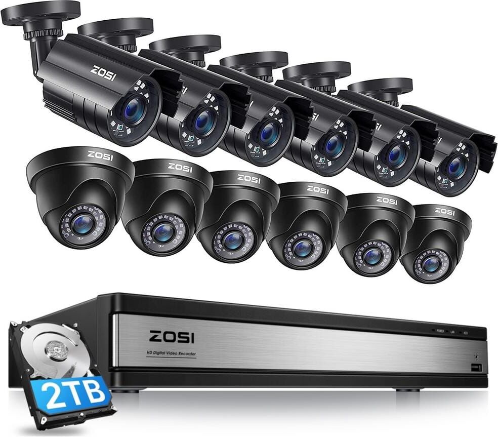 ZOSI 16-Channel 5Mp-Lite 2TB DVR Security Camera System with 6 Wired Bullet Cameras and 6-Wired Dome Cameras