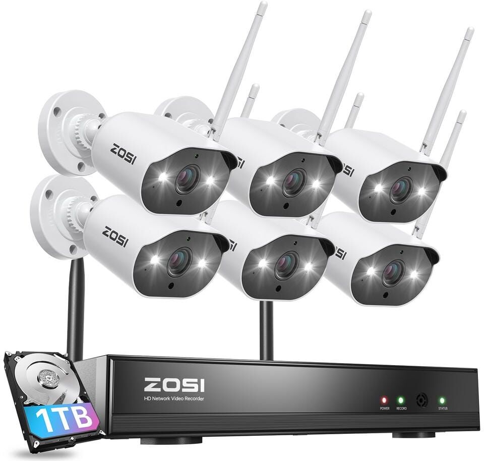 ZOSI 8-Channel 3MP 2K 1TB Hard Drive NVR Security Camera System with 6 Outdoor Wi-Fi Spotlight IP Cameras, 2-way Audio