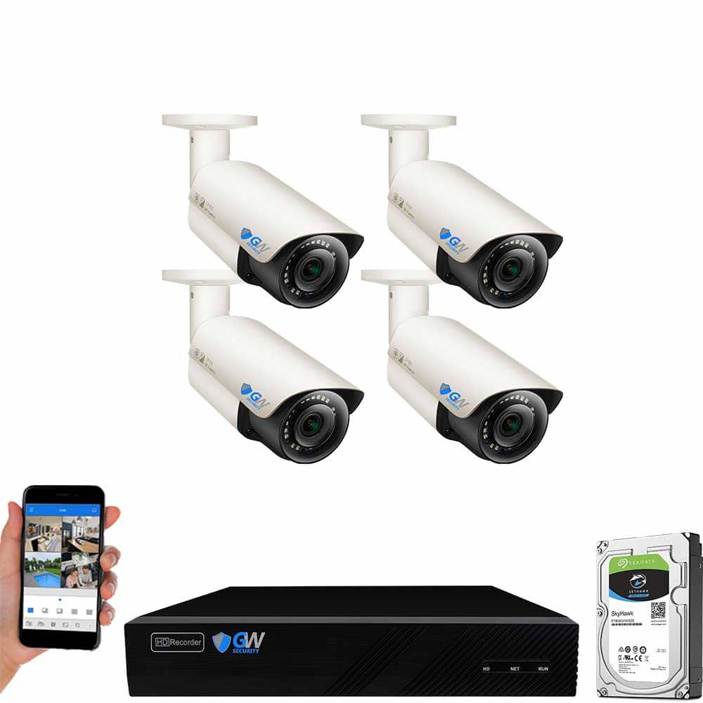 GW Security 8-Channel 8MP 1TB NVR Security Camera System 4 Wired Bullet Cameras 2.8-12mm Motorized Lens Human/Vehicle Detection