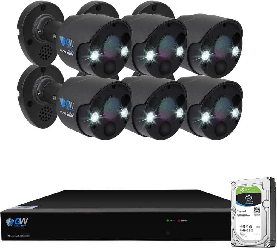 GW Security 8-Channel 5MP 2TB NVR Security Camera System with 6 Wired Bullet Cameras 3.6 mm Fixed Lens 2-Way Audio, Spotlight