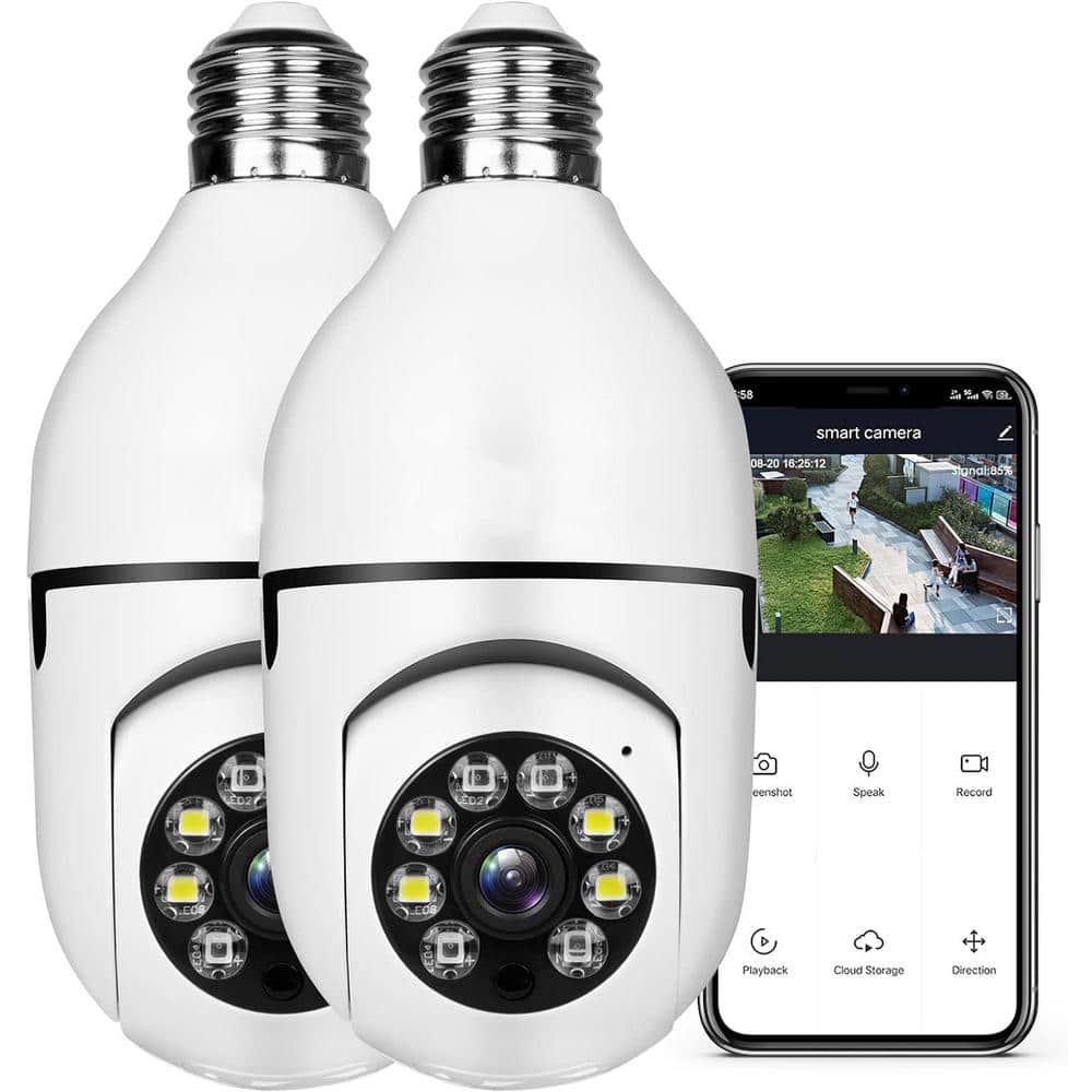 Etokfoks Wireless WiFi Indoor/Outdoor White Camera Light Bulb Security Home Camera with Infrared Night Vision (2-Pack)