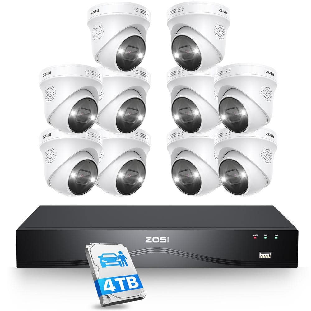 ZOSI 4K 16-Channel(Up to 24CH) 4TB POE NVR Security Camera System with 10-Wired 8MP Outdoor Dome Cameras, Dual-Disk Backup