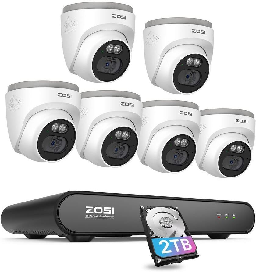 ZOSI 3K 5MP 8-Channel 2TB POE NVR Security Camera System with 6 2.5K 4MP Wired Outdoor Cameras, Smart AI Human Detection