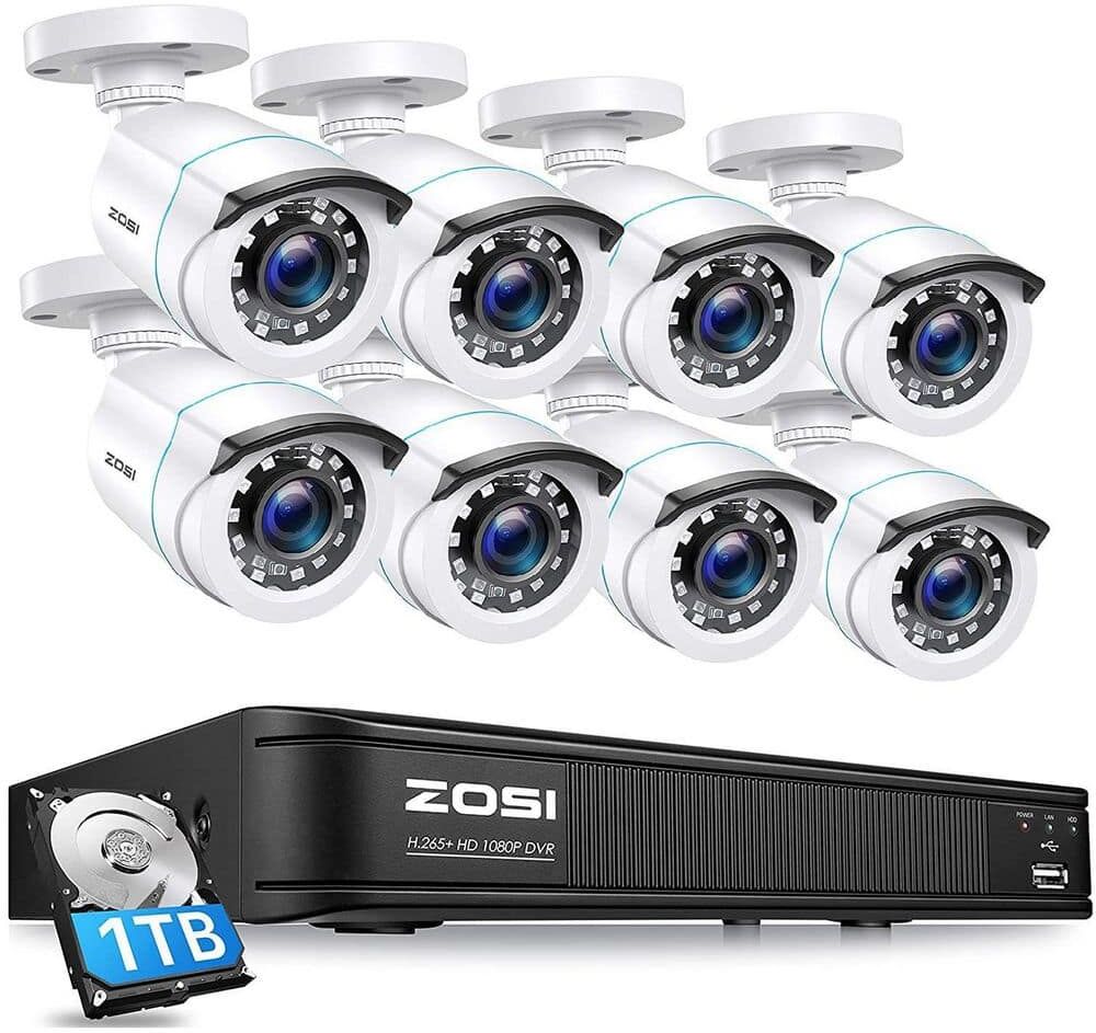 ZOSI H.265+ 8-Channel 5MP-LITE DVR 1TB Hard Drive Security Camera System with 8 1080P Wired Bullet Cameras, Remote Access