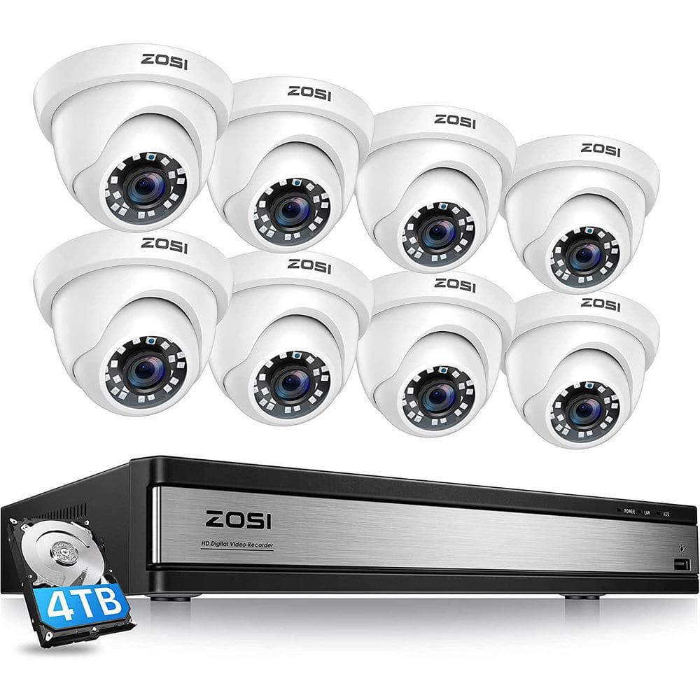 ZOSI H.265+ 16-Channel 1080p 4TB DVR Security Camera System with 8 Wired Dome Cameras, Human Detection, Remote Access