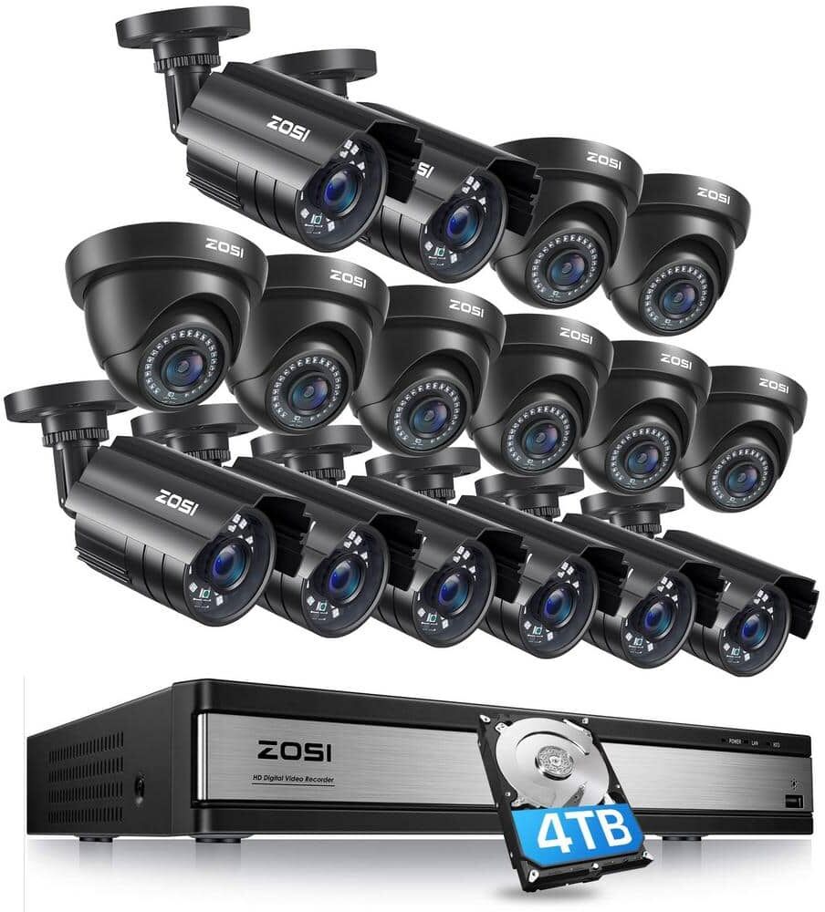 ZOSI 16-Channel 5MP-Lite 4TB DVR Security Camera System with 8 Wired Bullet Cameras and 8 Wired Dome Cameras