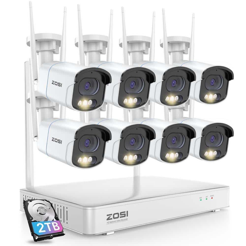 ZOSI 4MP 2.5K 8-Channel 2TB NVR Wireless Security Camera System with 8 Outdoor Wi-Fi IP Spotlight Bullet Cameras, 2-Way Audio