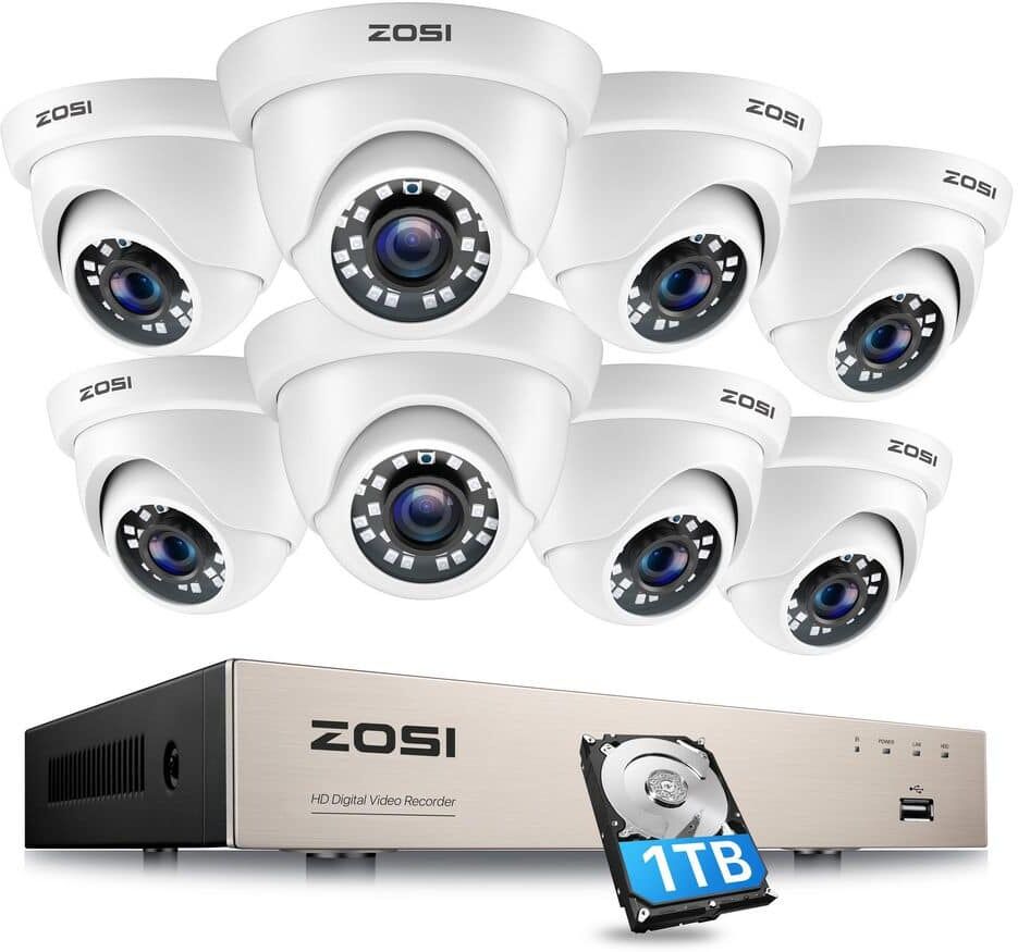 ZOSI 8-Channel 1080p 1TB Hard Drive DVR Security Camera System with 8-Wired Dome Cameras