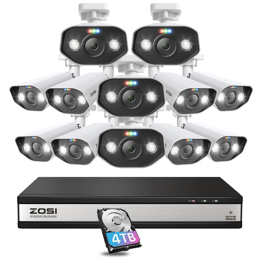 ZOSI 4K 16-Channel PoE 4TB NVR Security Camera System with 12X 5MP Wired Spotlight Cameras, Color Night Vision, 2-Way Audio