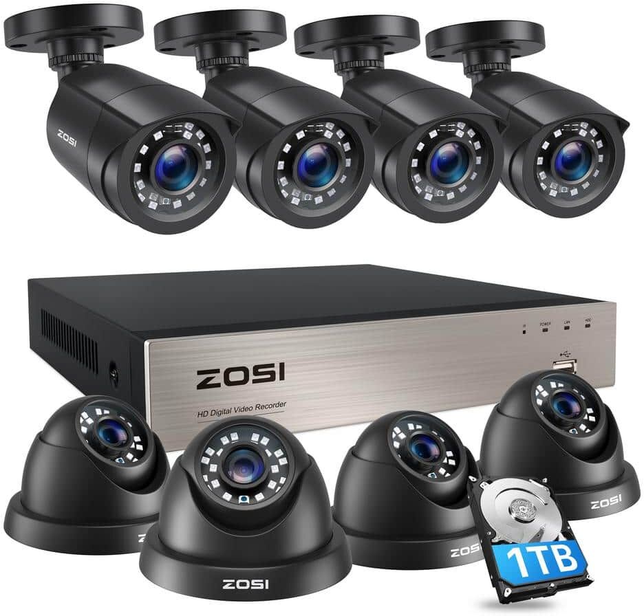 ZOSI 8-Channel 5MP-Lite 1TB HDD Outdoor Home Security Camera System with 1080p 4-Wired Dome Cameras and 4-Bullet Cameras