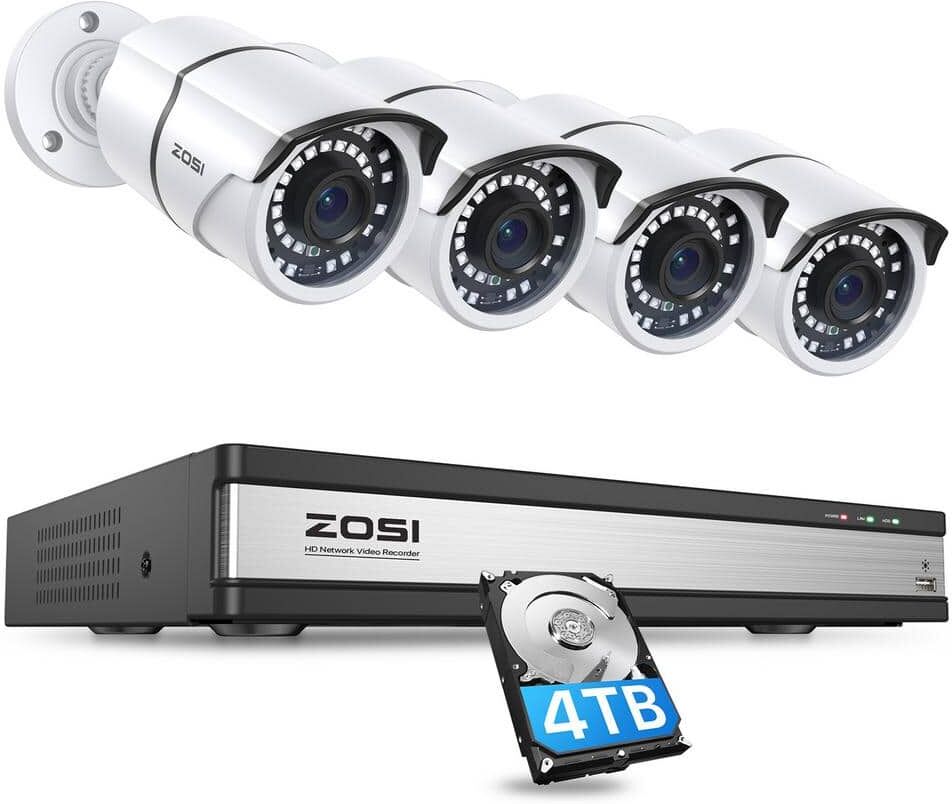 ZOSI H 265+ 16-Channel 5MP POE 4TB Hard Drive NVR Security Camera System with 4-Wired 5MP Spotlight Cameras, 24/7 Recording