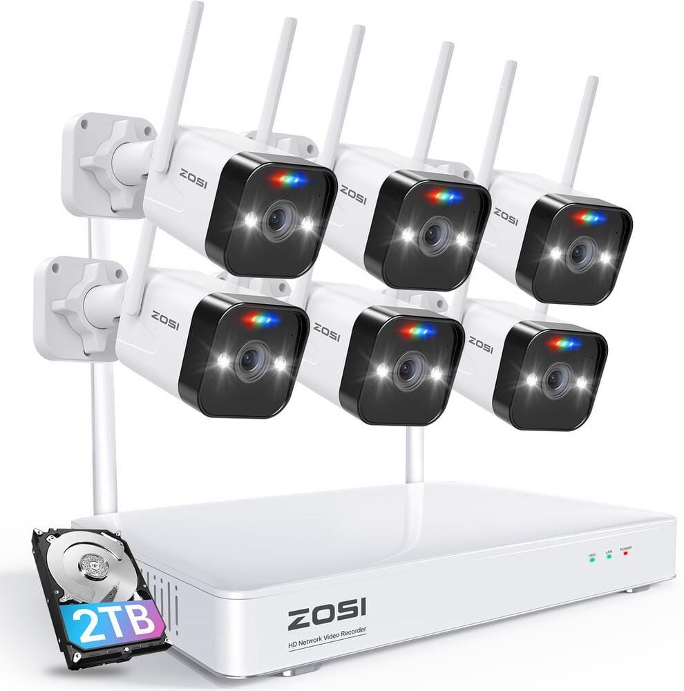 ZOSI 8-Channel 3MP 2K 2TB NVR Security Camera System Wireless with 6 Outdoor WiFi IP Cameras, 2-Way Audio, Color Night Vision