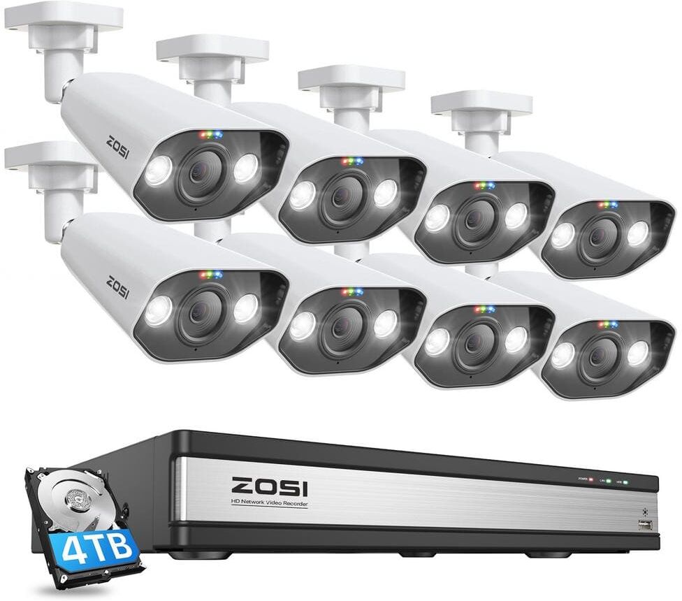 ZOSI 4K 16-Channel 8MP PoE 4TB NVR Security Camera System with 8 Wired Spotlight Cameras, Color Night Vision, 2-Way Audio