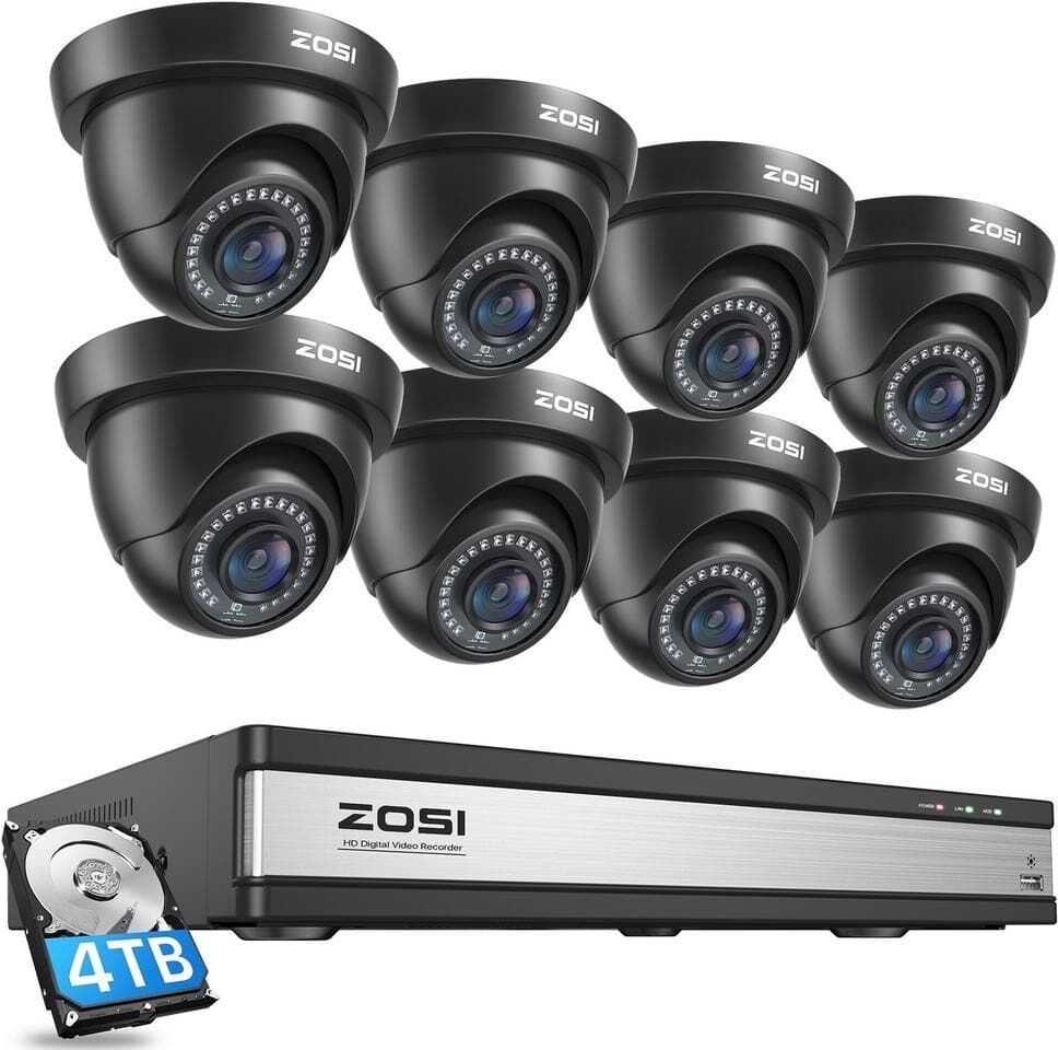 ZOSI 16-Channel 1080p 4TB DVR Security Camera System with 8 Wired Dome Cameras, 80 ft. Night Vision