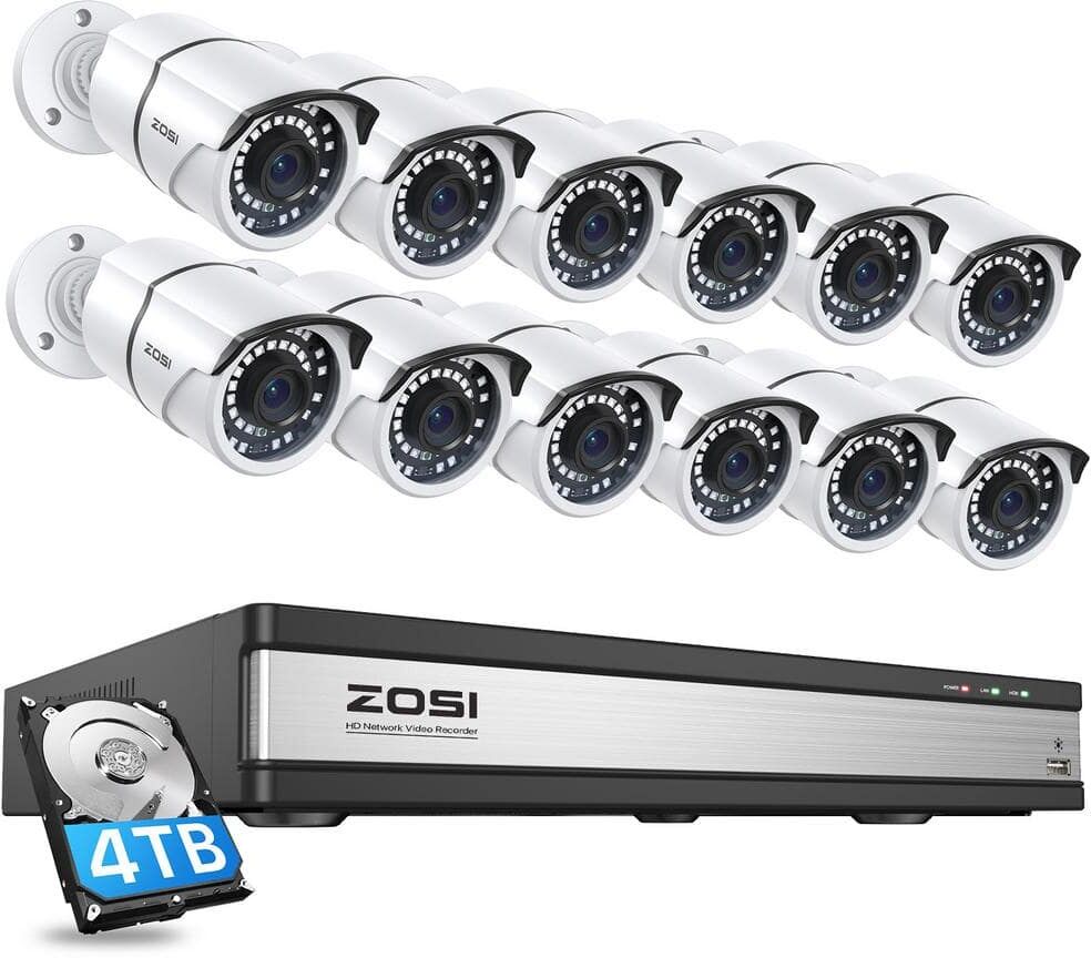 ZOSI 16-Channel 4K POE Security Cameras System with 4TB Hard Drive and 12 Wired 5MP Outdoor IP Cameras, 120ft Night Vision