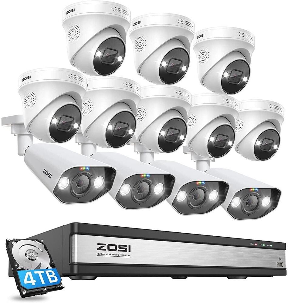 ZOSI 4K UHD 16-Channel POE 4TB NVR Security Camera System with 12 8MP Wired Spotlight Cameras, 2-Way Audio, 24/7 Recording